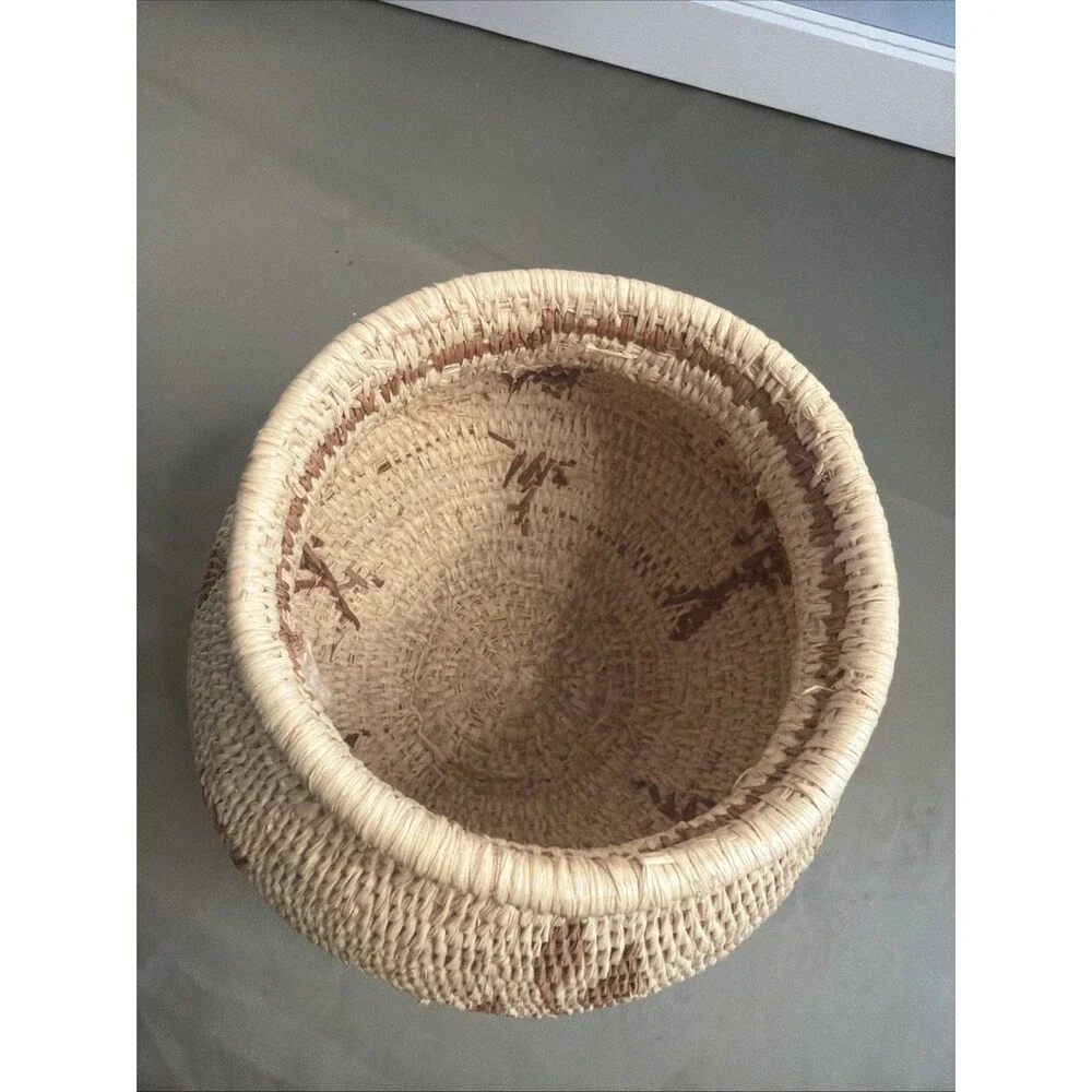 Vintage Handwoven Coil Basket Botanical Geometric Natural Fiber Rainforest Chic